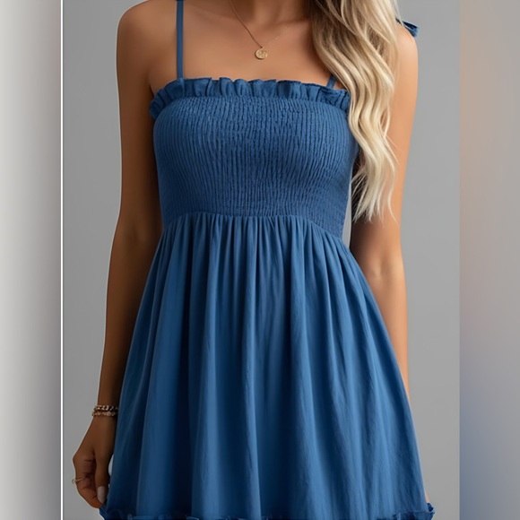 Blue Pleated Shirred Ruffle Hem Dress - Picture 2 of 8